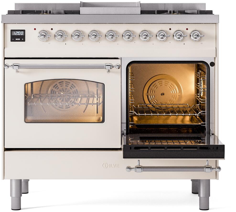 Dual fuel range with left oven door window and right oven open