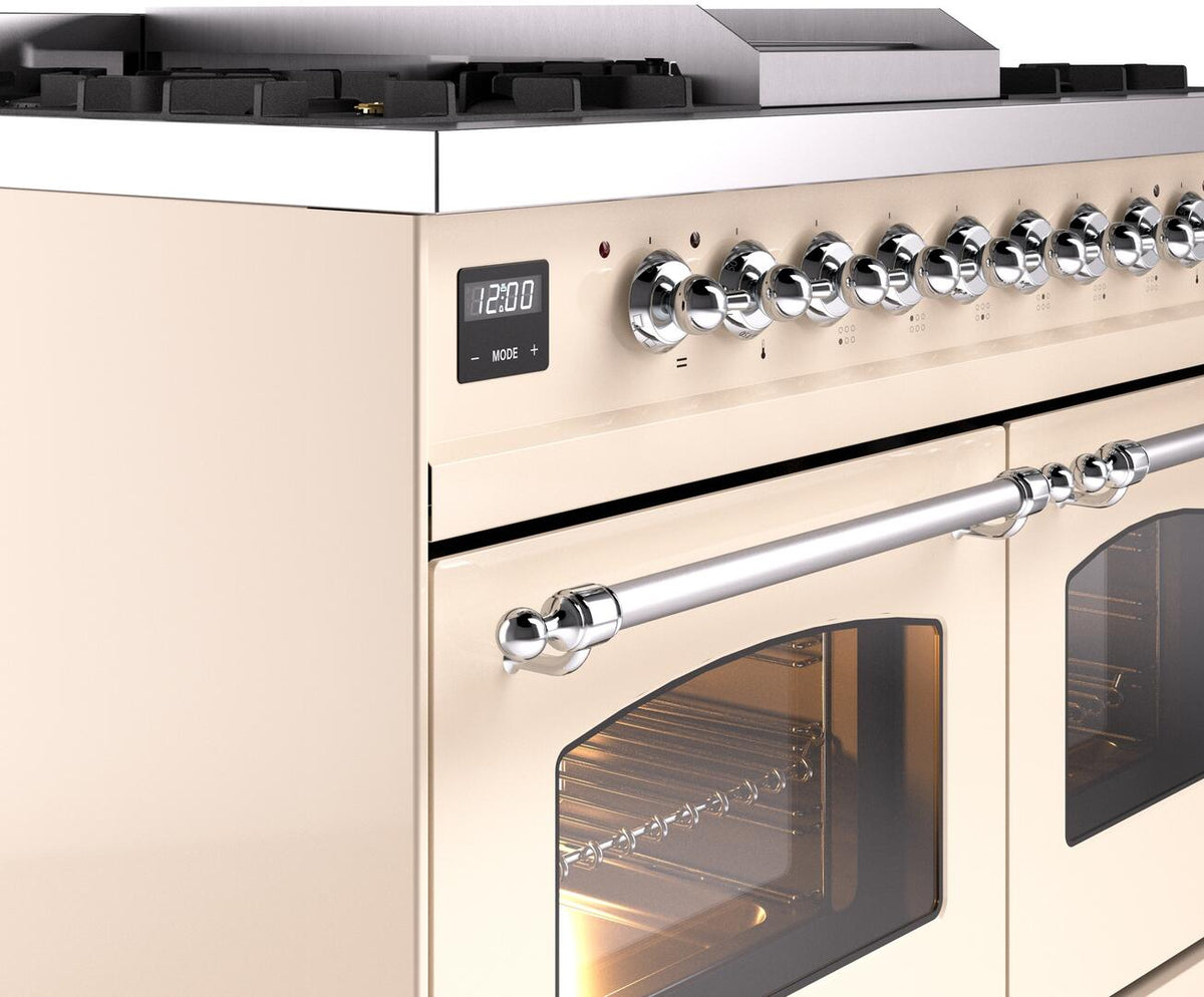 Dual fuel freestanding range control panel with chrome knobs and oven door handle