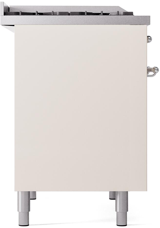 Antique white freestanding range side view with tall legs and rear overhang