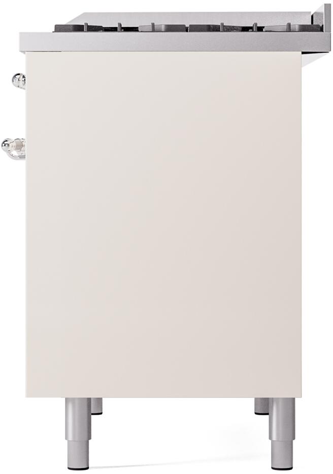 Antique white range cabinet side with four leveling legs and smooth front panel