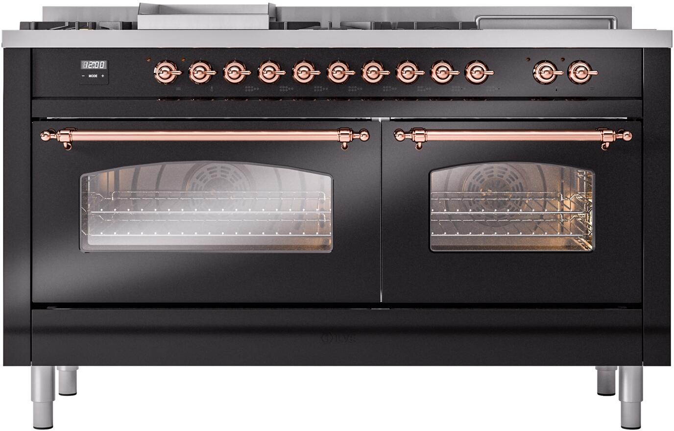 Glossy black range with copper control knobs and two triple-glass oven doors