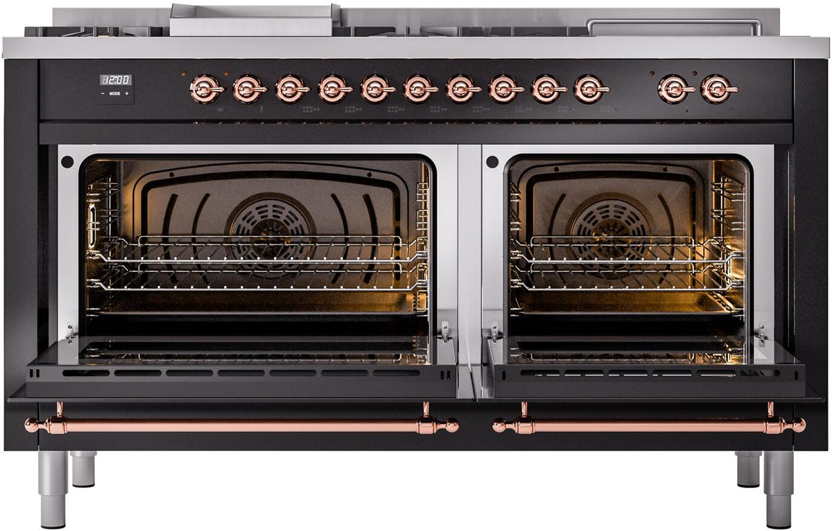 Black range with both oven doors open, showing racks and copper bar handles