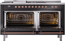ILVE Nostalgie II 60-Inch Natural Gas Dual Fuel Range with 7 Burners, Griddle, & French Top with Triple Glass Door Oven in Glossy Black with Copper Trim (UP60FSNMPBKP)