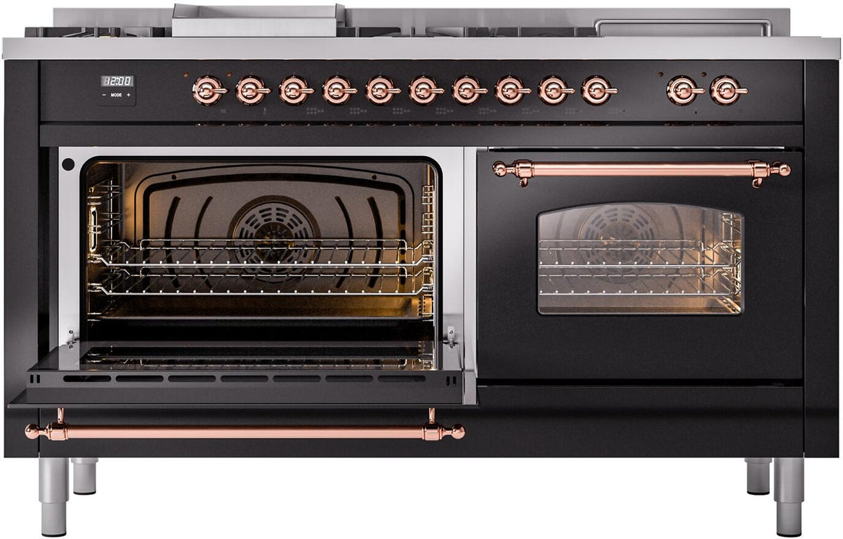 Black range with left oven door open and right triple-glass door closed