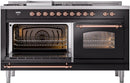 ILVE Nostalgie II 60-Inch Natural Gas Dual Fuel Range with 7 Burners, Griddle, & French Top with Triple Glass Door Oven in Glossy Black with Copper Trim (UP60FSNMPBKP)