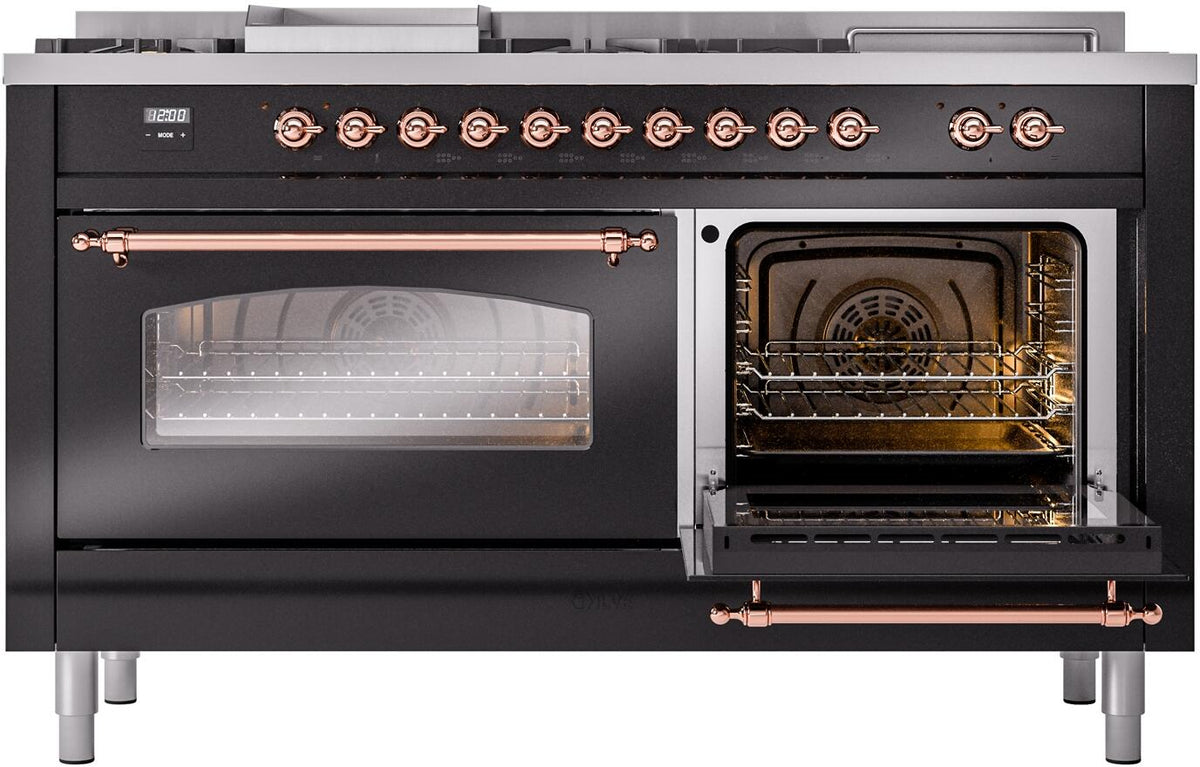 Black range with left triple-glass door closed and right oven door open