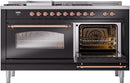ILVE Nostalgie II 60-Inch Natural Gas Dual Fuel Range with 7 Burners, Griddle, & French Top with Triple Glass Door Oven in Glossy Black with Copper Trim (UP60FSNMPBKP)