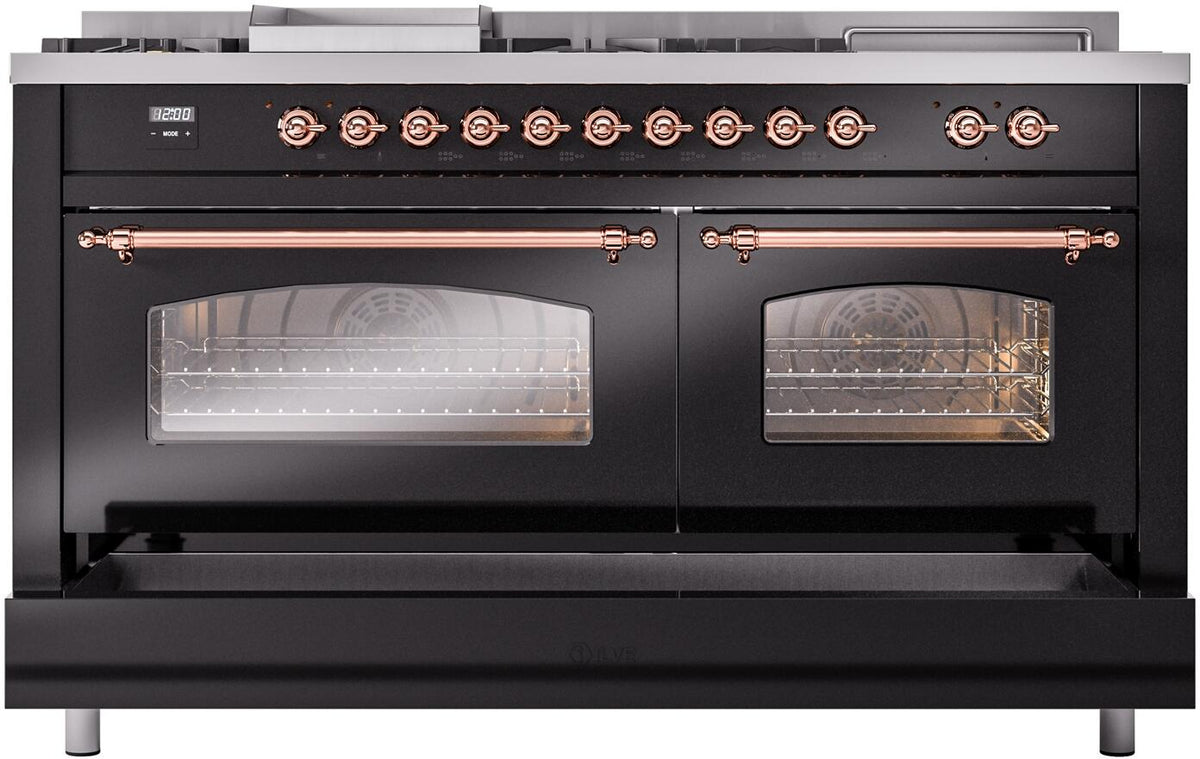 Black range front with copper burner knobs and two closed glass oven doors