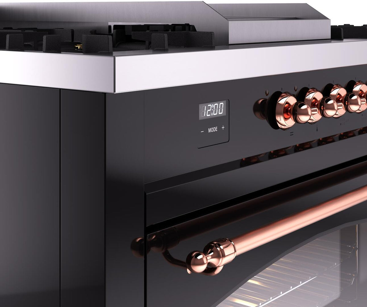 Black control panel with digital display and copper rotary knobs on dual-fuel range