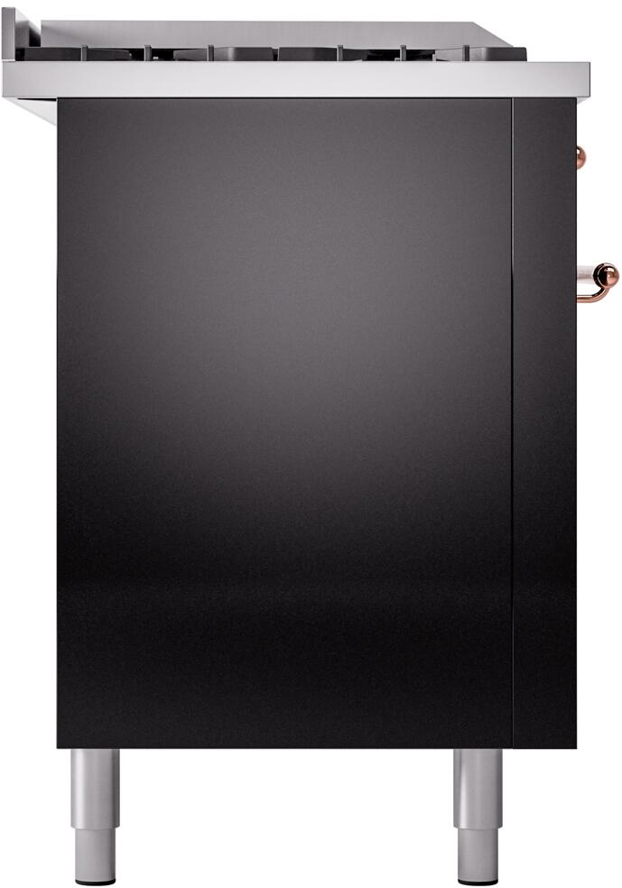 Glossy black range side door panel with copper handle and four leveling legs