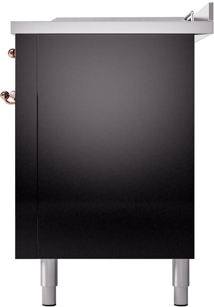 Glossy black range side panel with copper knobs and stainless top trim