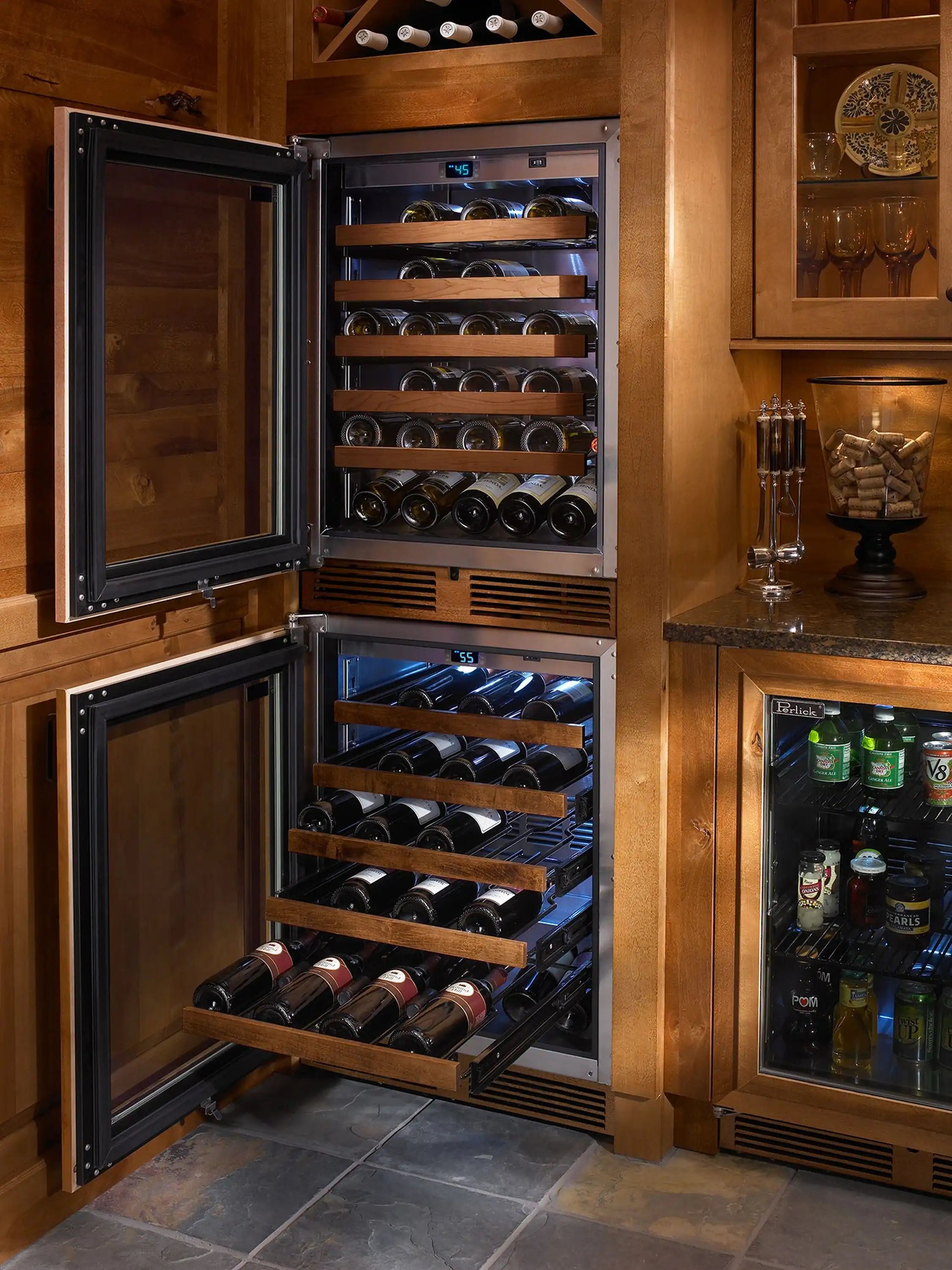 Perlick wine shelf cabinet, open double doors with stacked bottle racks