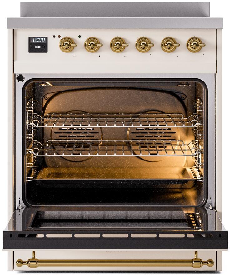 Induction range oven door open showing racks, heating elements, and dark interior