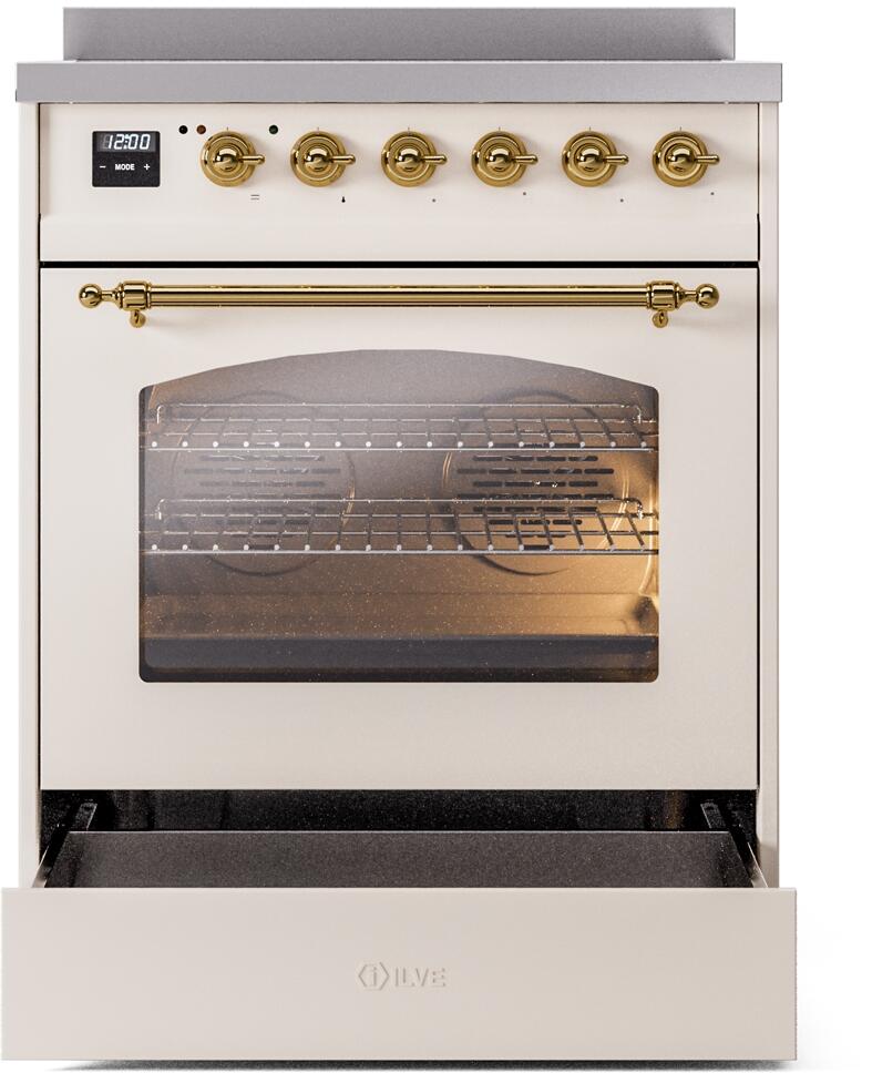 Antique white induction range front with brass knobs, long handle, and oven window