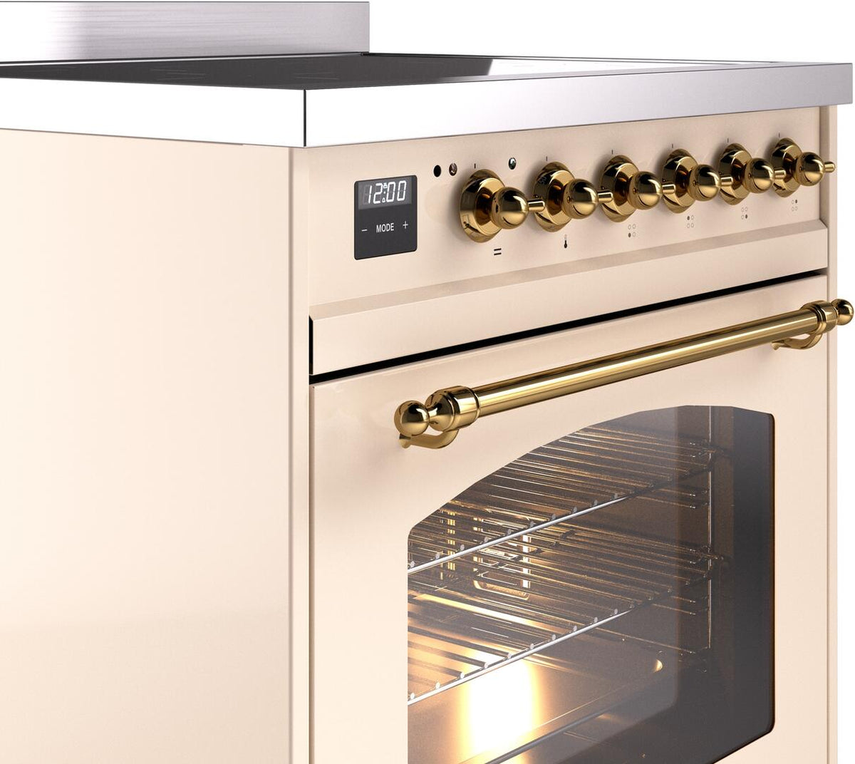 Induction range control panel with brass knobs and digital display