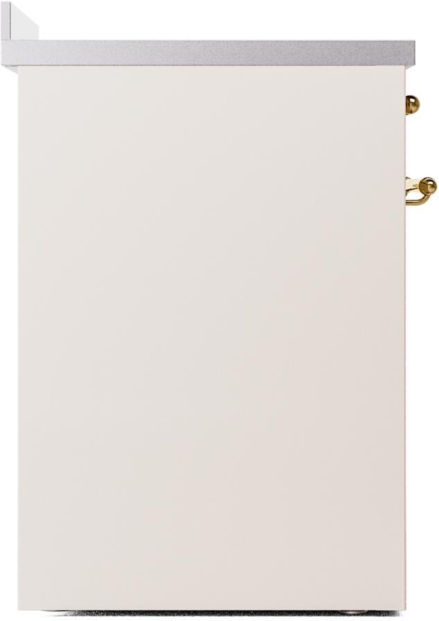 Antique white induction range side panel with top trim and partial brass handle