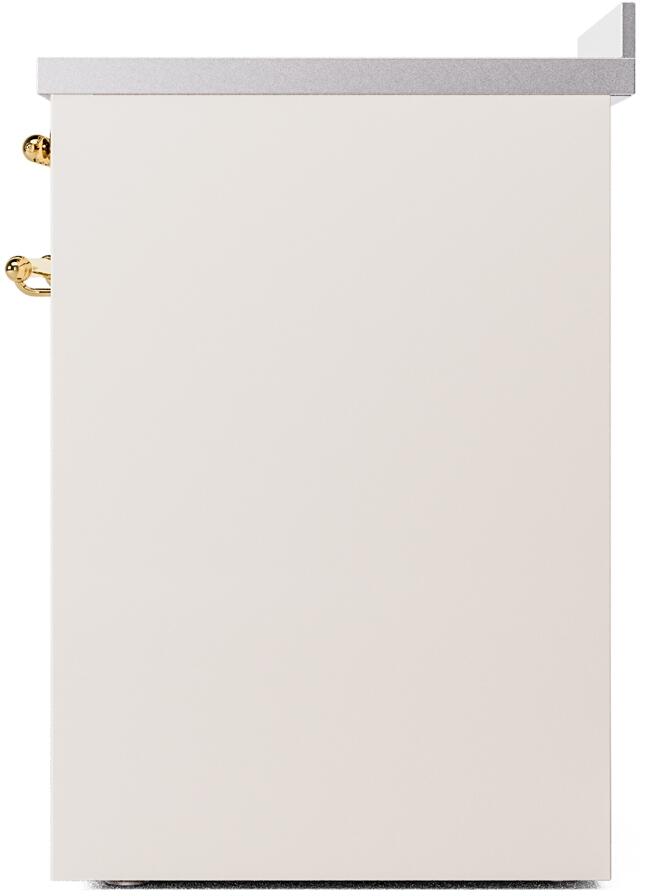 Antique white induction range side panel with brass handle and smooth cabinet front