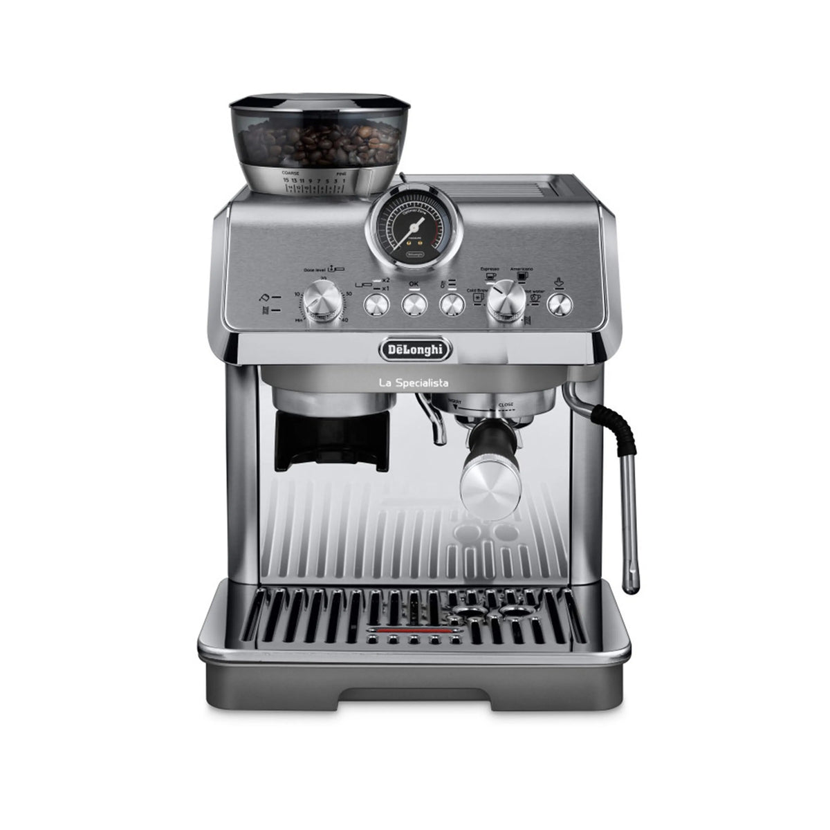 Stainless espresso machine front view with steam wand and control knobs
