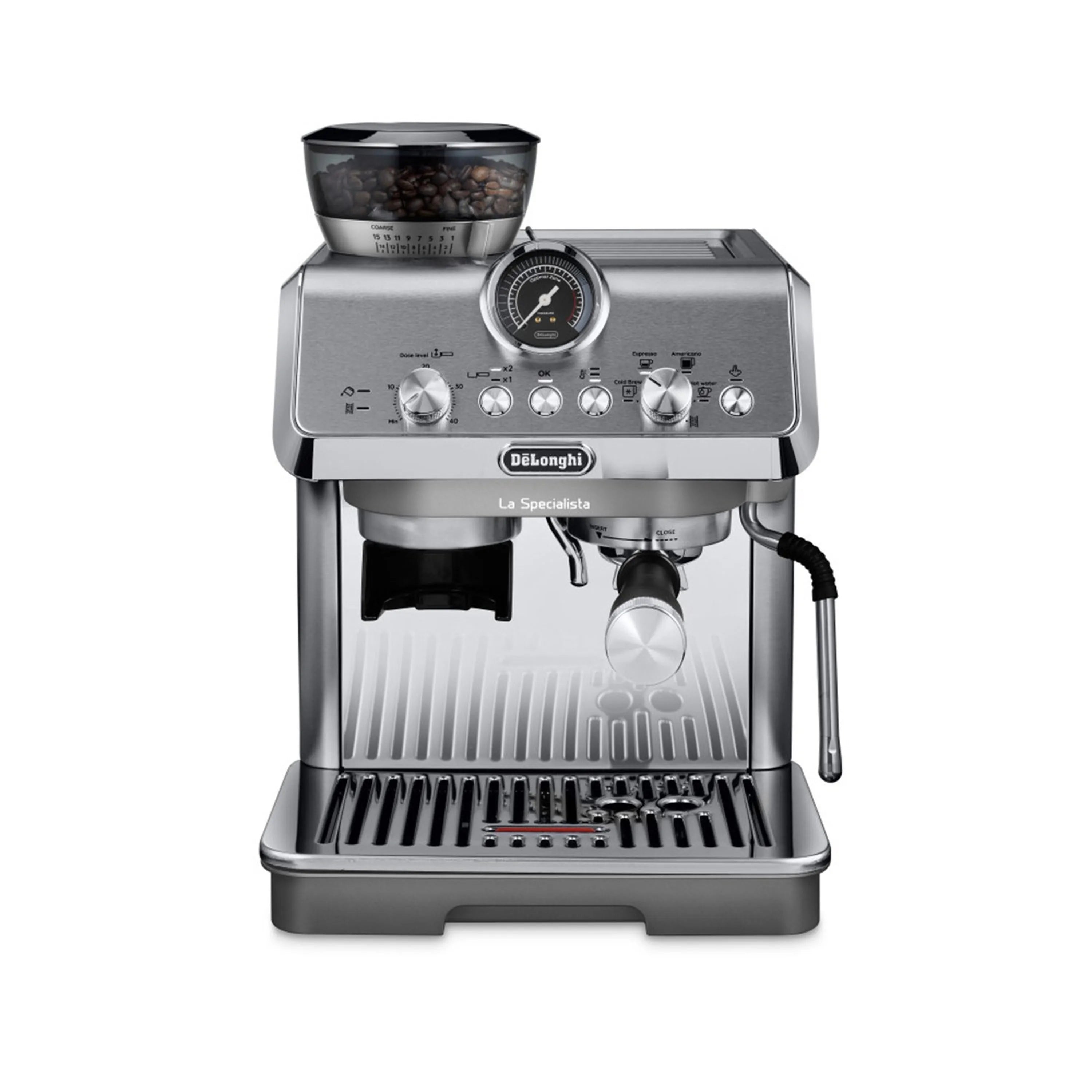 Stainless espresso machine front view with grinder hopper and control dial
