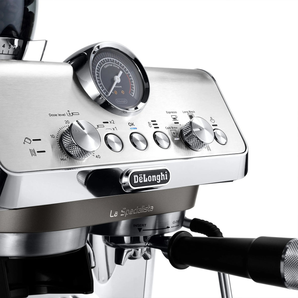 Stainless coffee machine control panel with dials and buttons