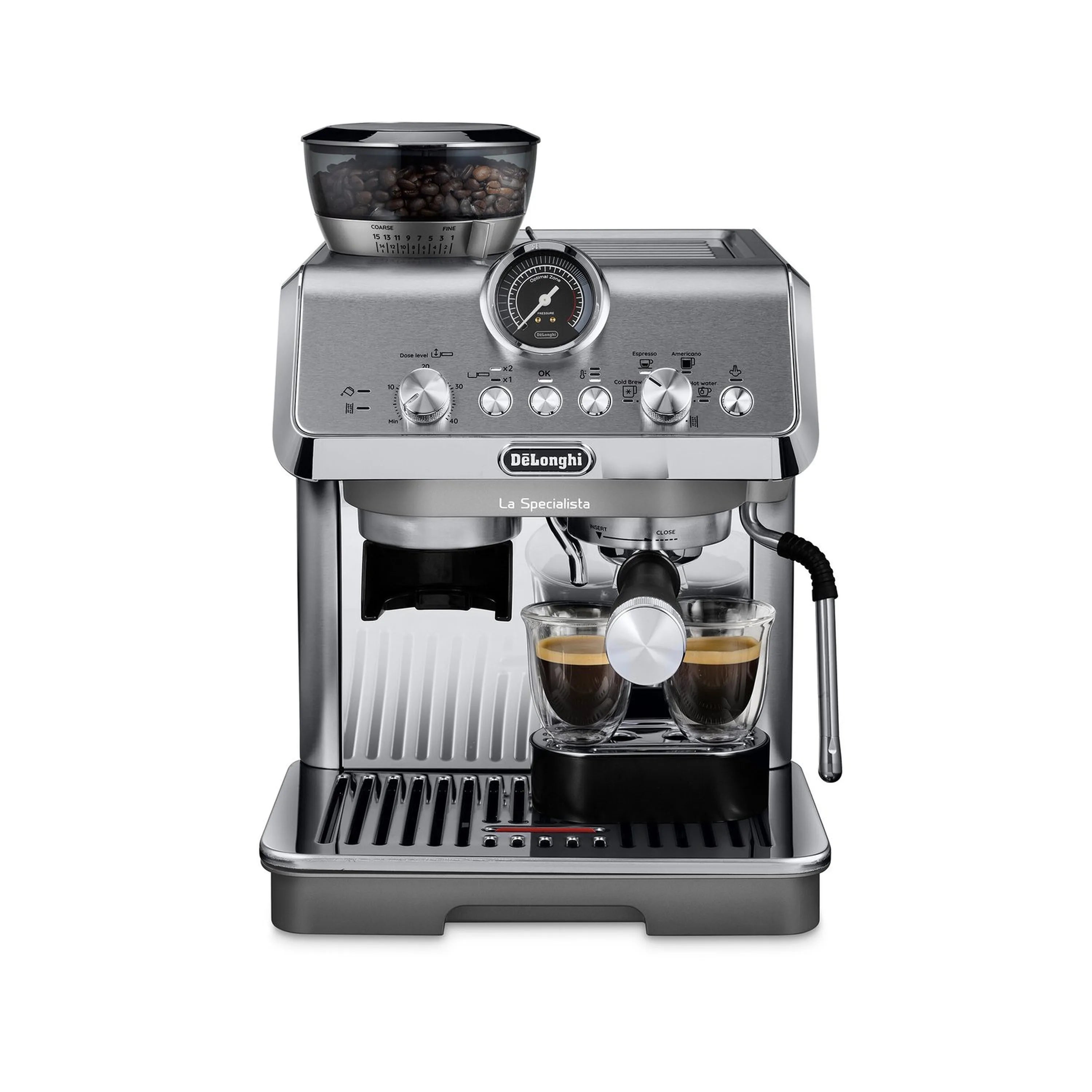 Stainless espresso machine dispensing coffee into two cups