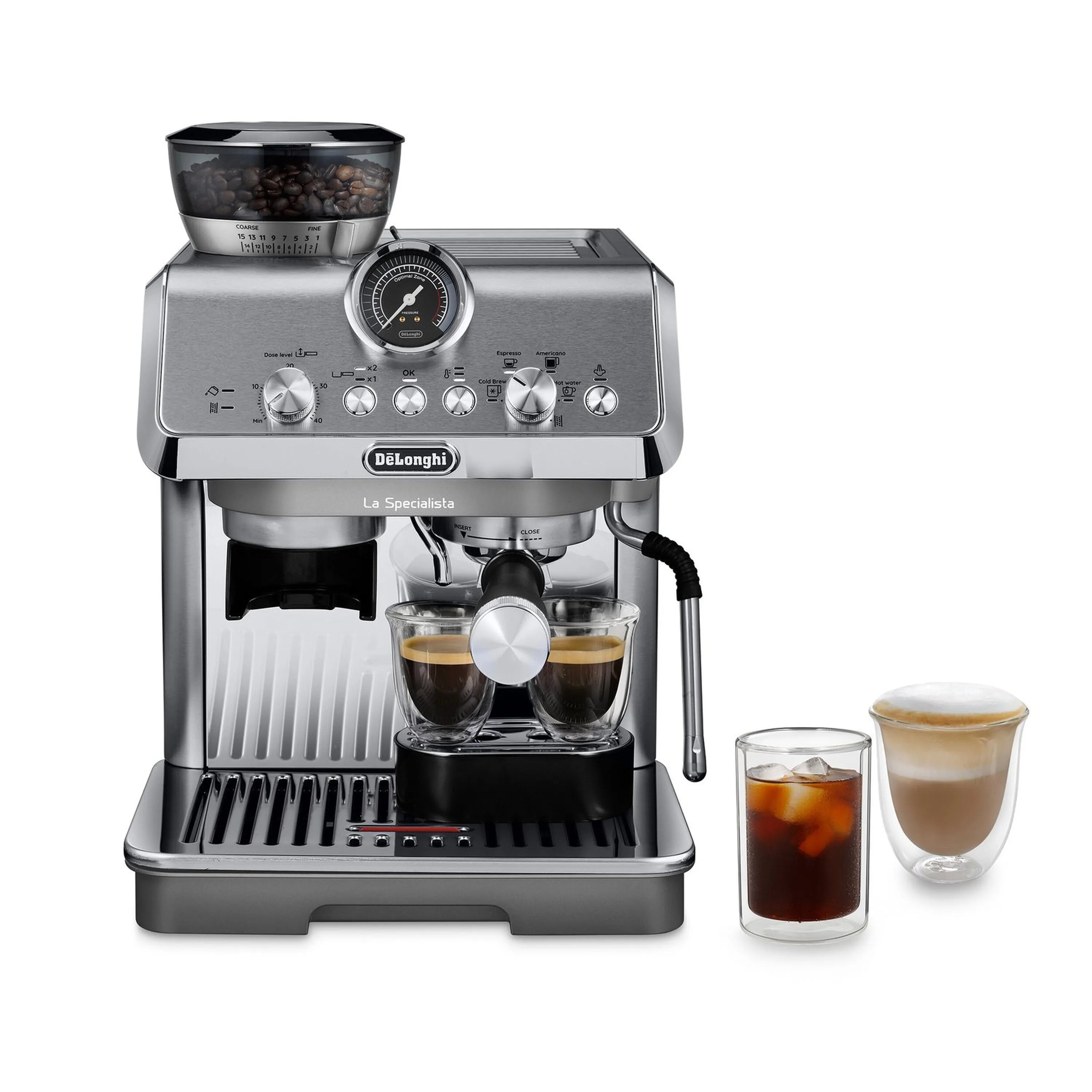 Stainless De'Longhi espresso machine with two glass cold brew cups and glass carafe.