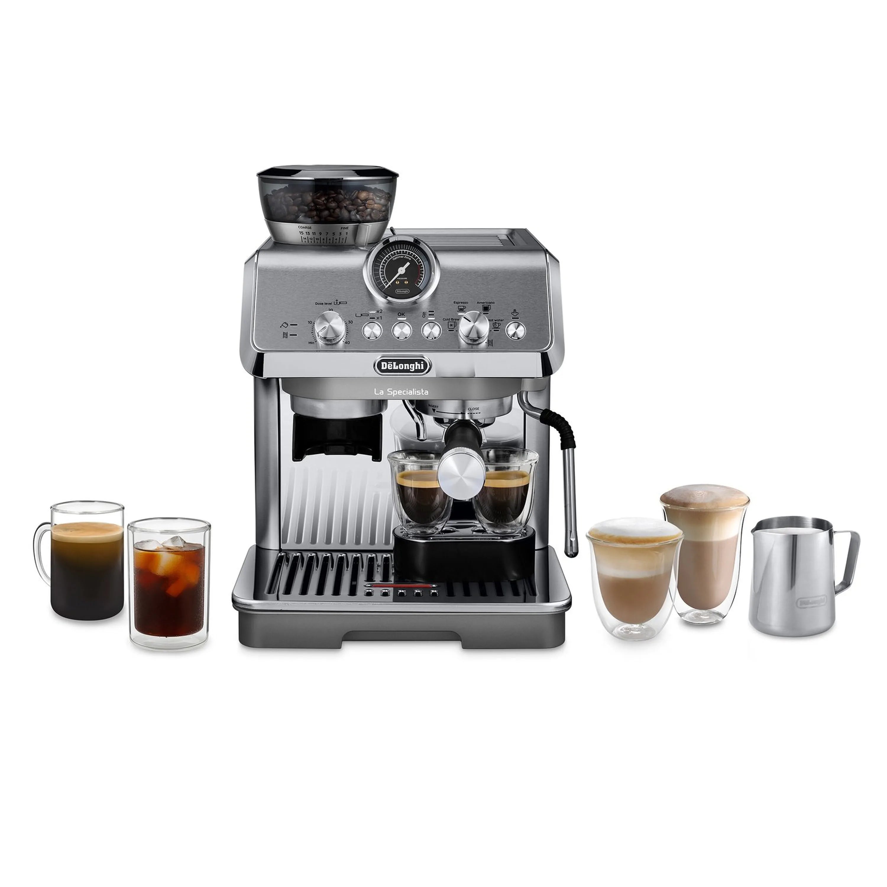 Stainless espresso machine with two cold brew cups, carafe, and milk jug accessories.