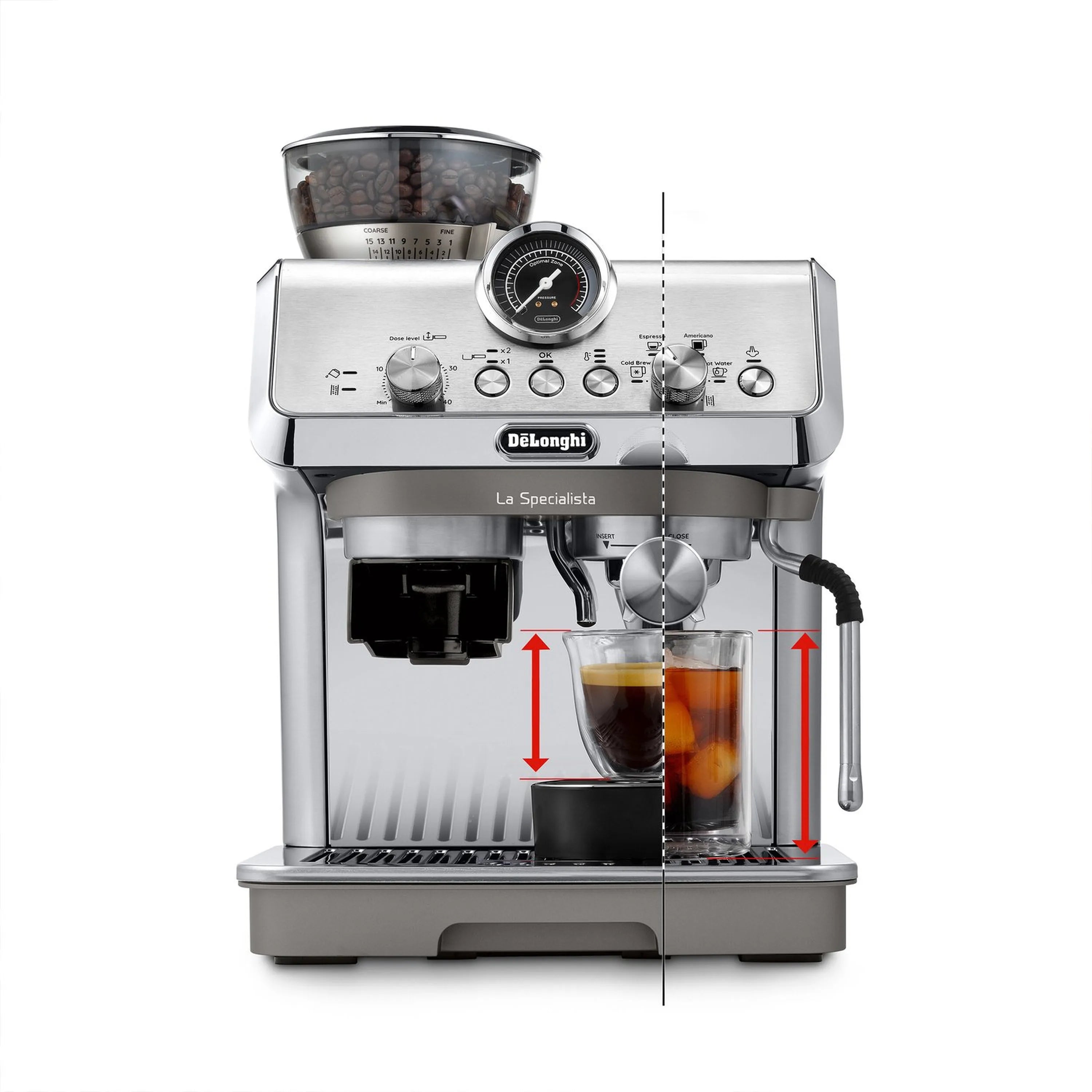 Stainless espresso machine showing cold brew height with red arrows on cups.
