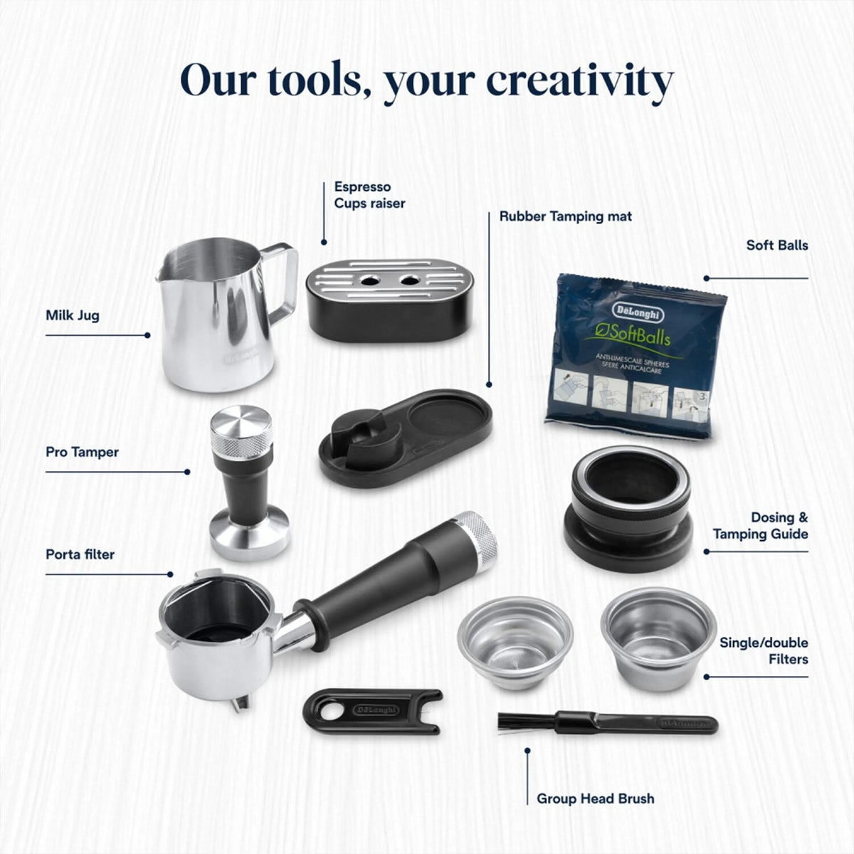 Coffee machine accessories set including portafilter, tamper, filters, and tools