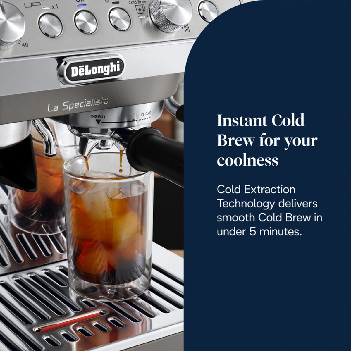 Stainless coffee machine brewing dark coffee into a glass carafe