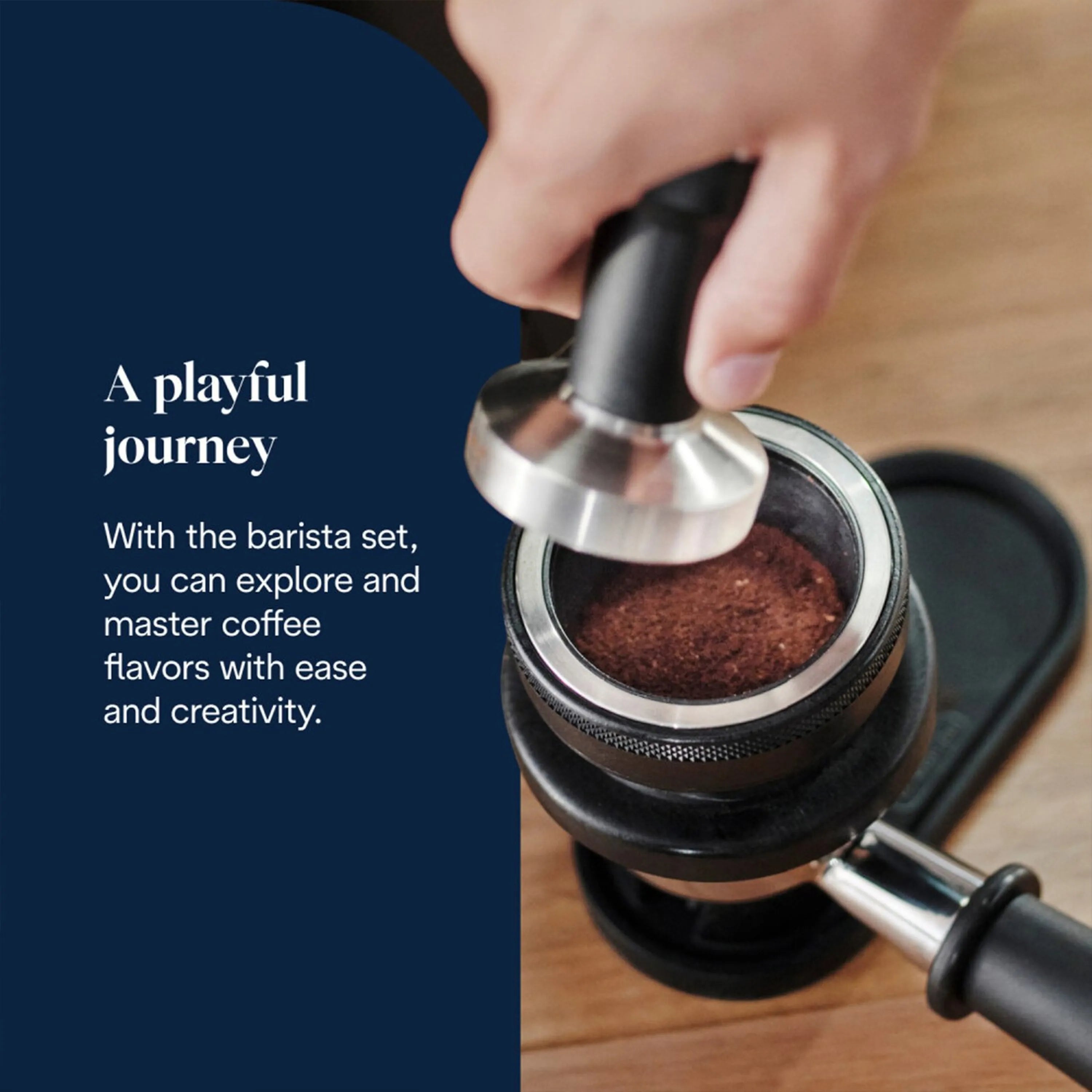 Hand tamping coffee grounds in a portafilter basket with stainless machine nearby