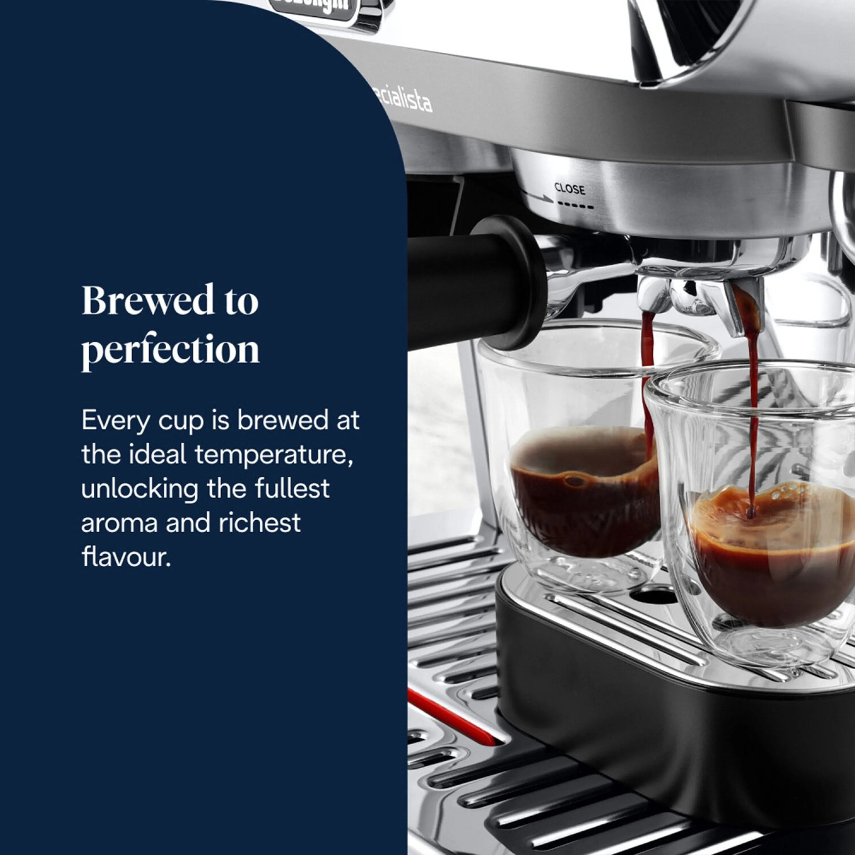 Stainless espresso machine dispensing dark coffee into two glass cups