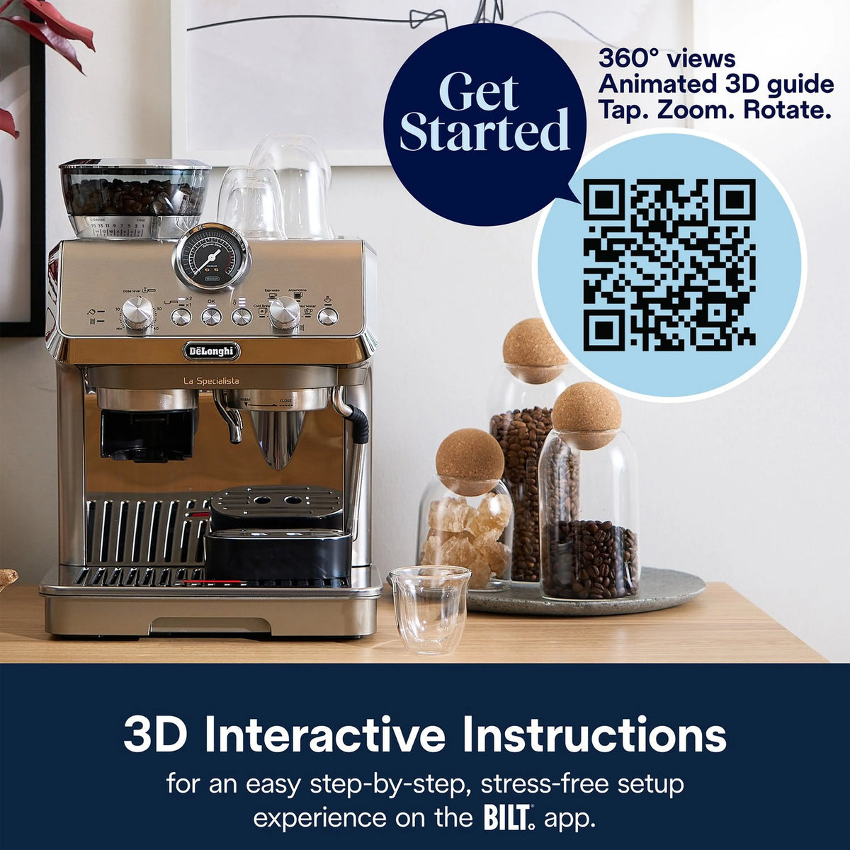 Espresso machine with cold brew carafe and cups on countertop