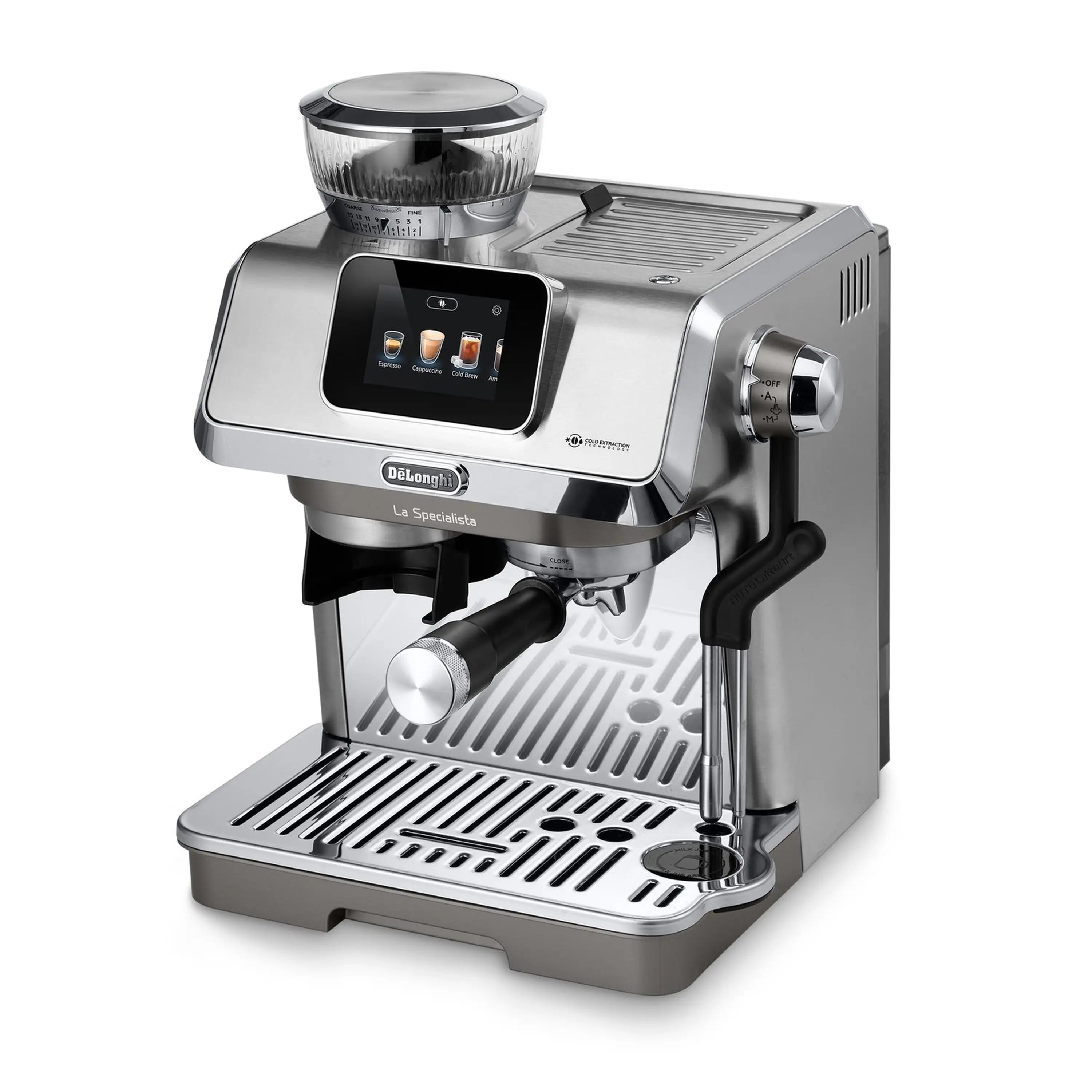 Stainless espresso machine with black side handle and front drip tray