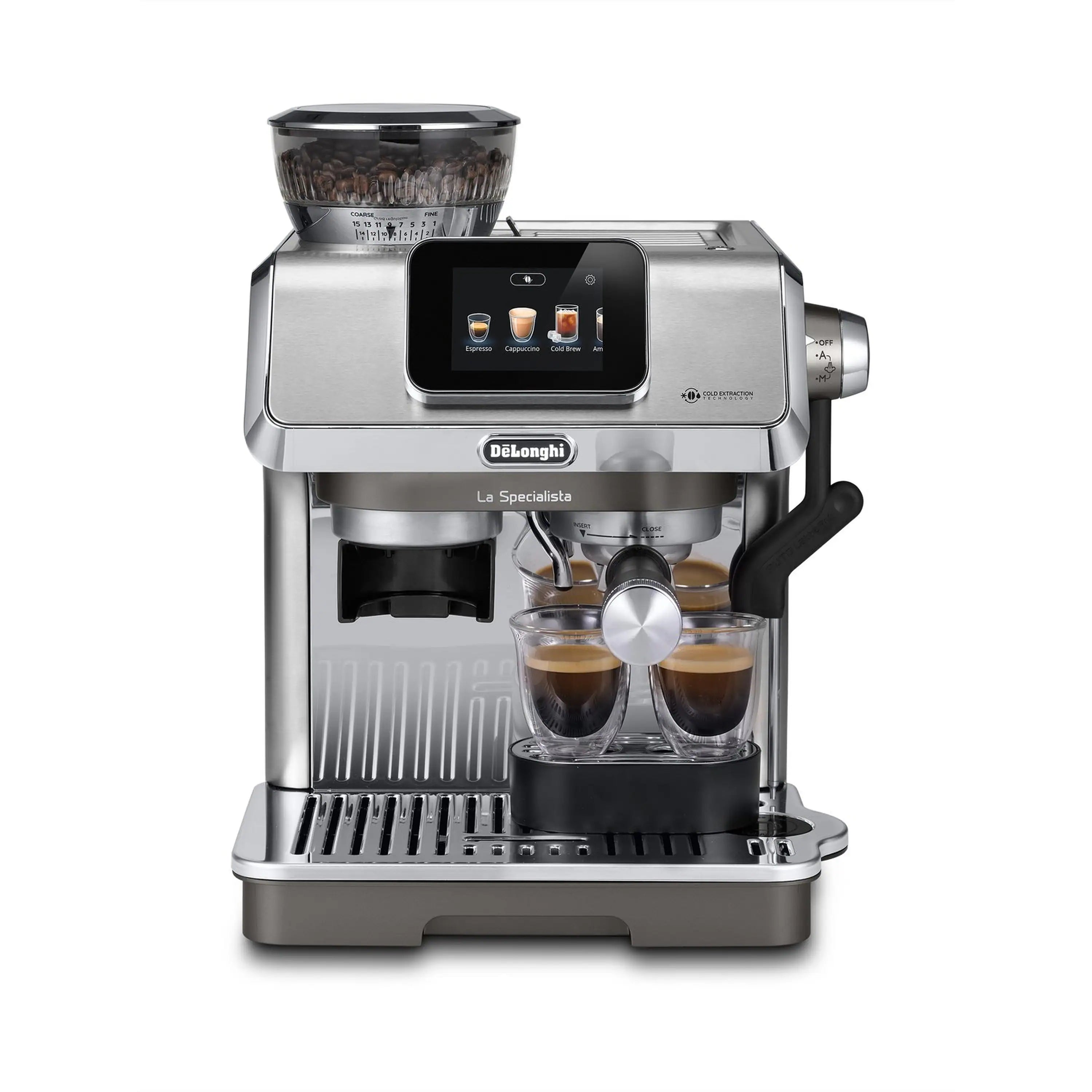 Front view of stainless espresso machine with portafilter and glass cups