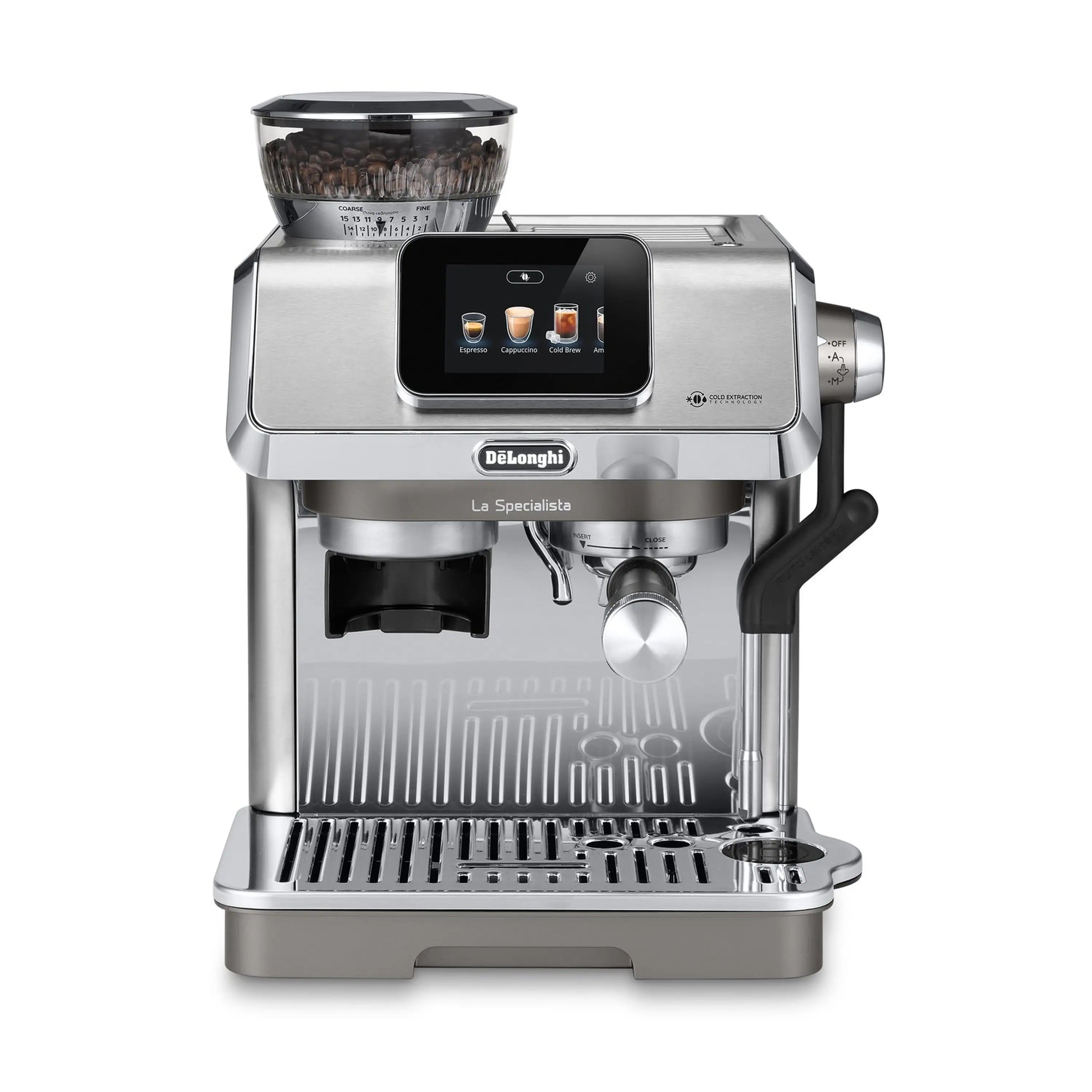 Front view stainless espresso machine with black hopper and touch screen