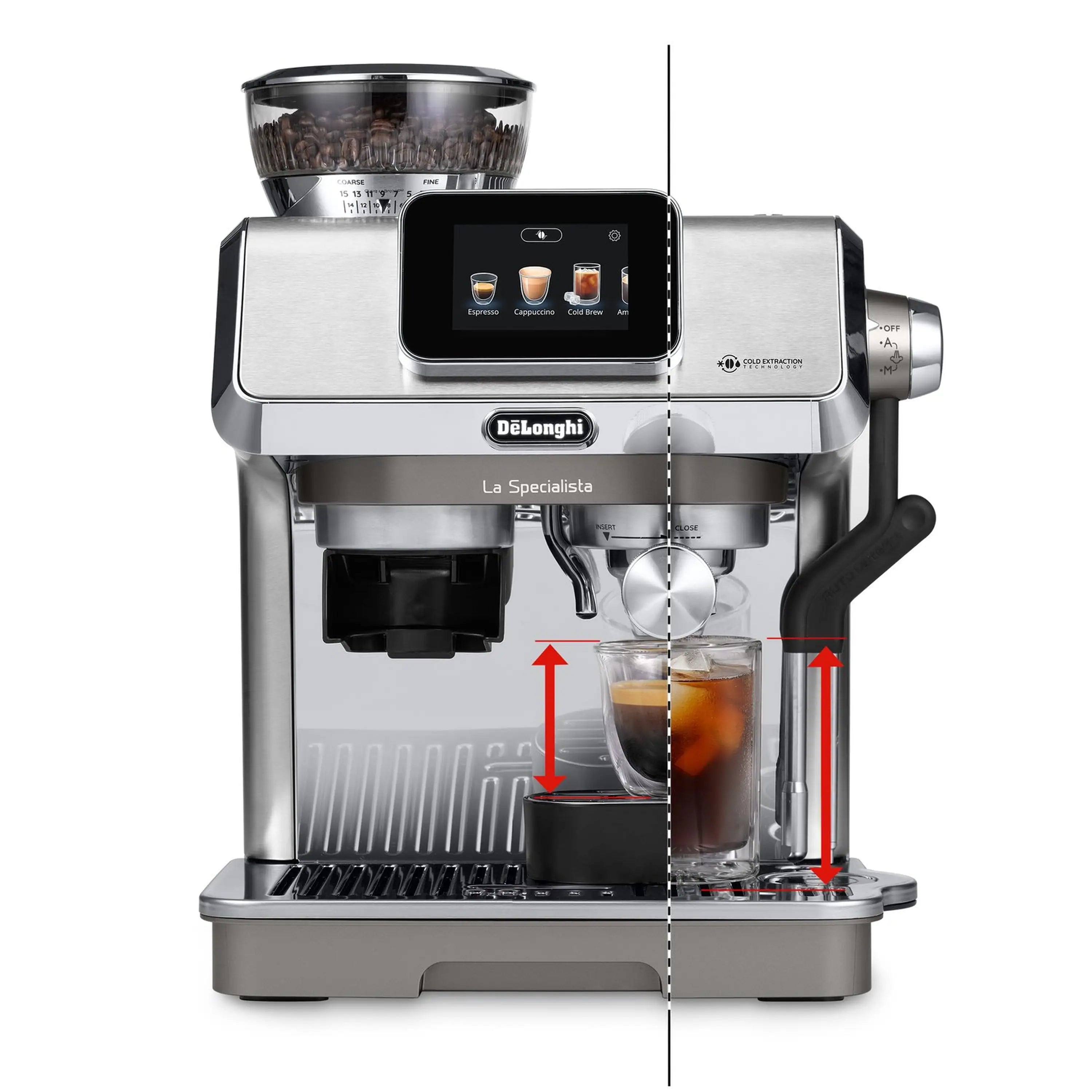 Espresso machine cutaway view with touch screen and arrows showing brew flow