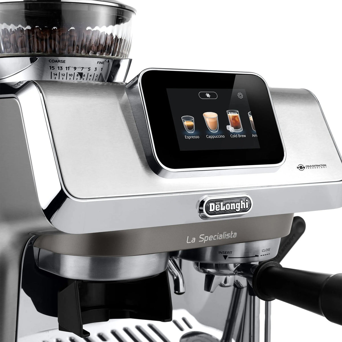 Close-up stainless espresso machine control panel with touch screen icons