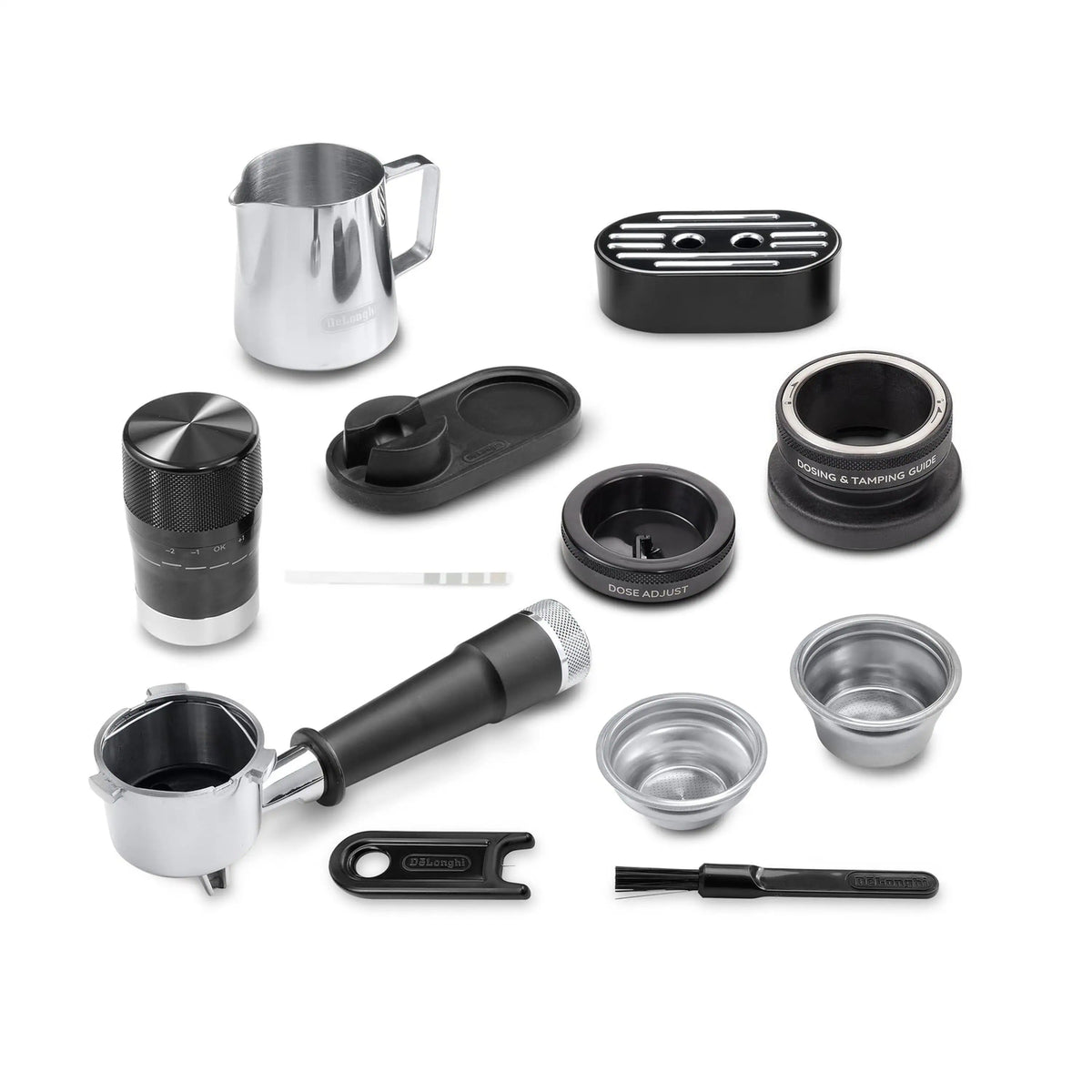 Espresso machine accessory set: portafilter tools, dosing cups, tamper, and lid