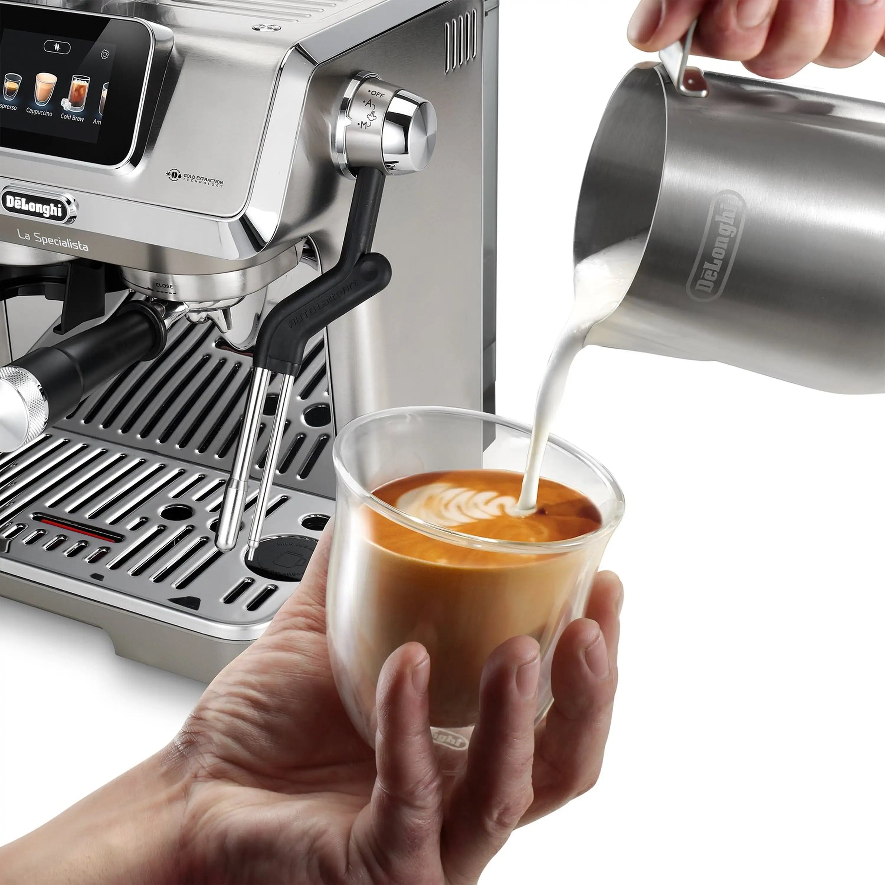 Stainless espresso machine with touch panel; hand pours coffee drink into glass
