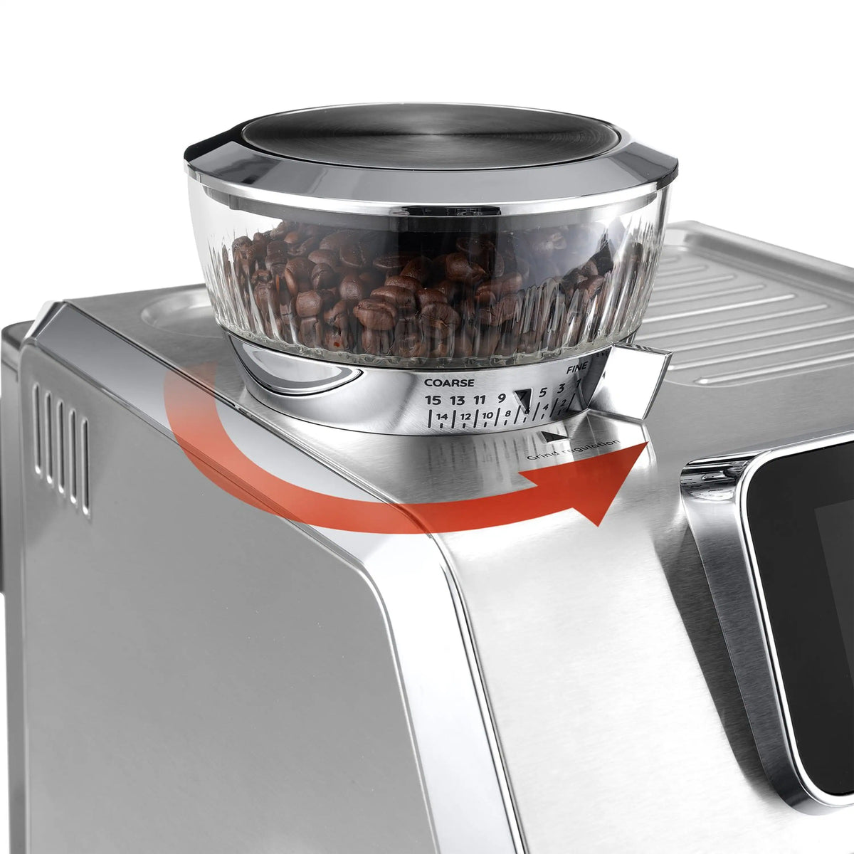 Stainless espresso machine hopper with visible coffee beans and front brewing dial markings