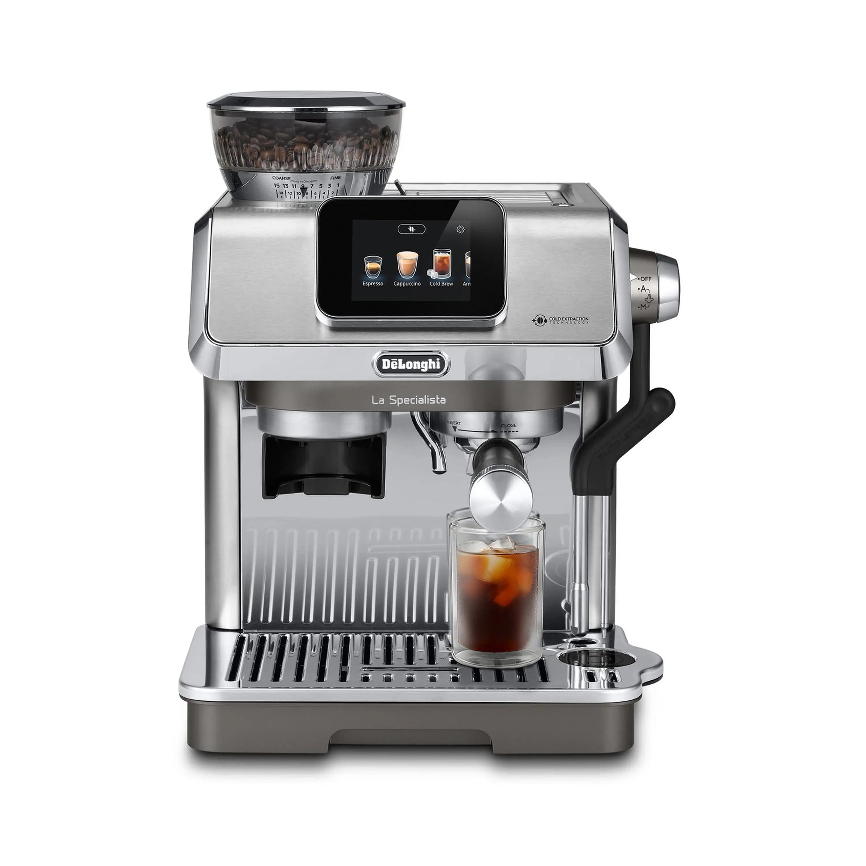 Espresso machine front view with frothing spout and glass cup of espresso