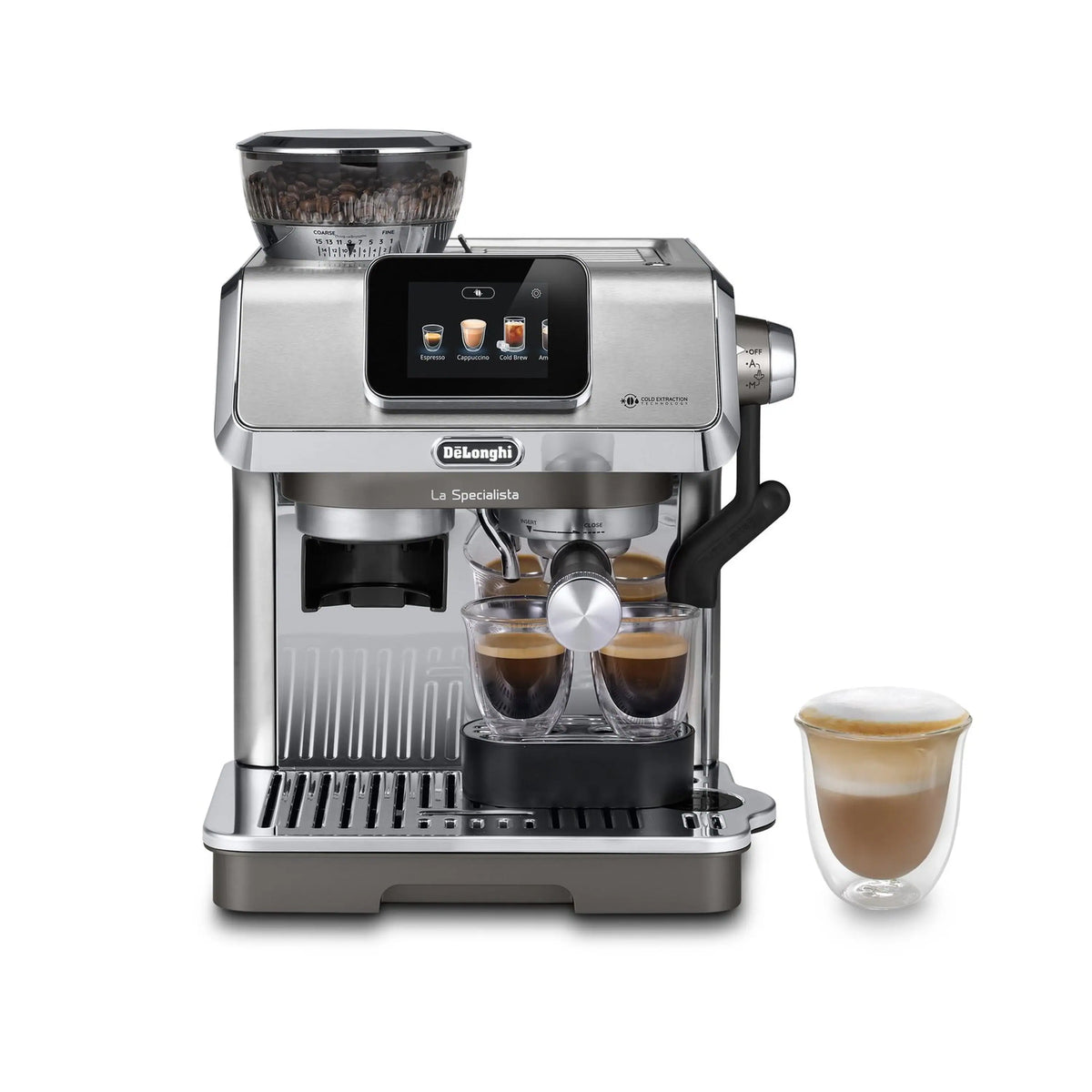 Stainless espresso machine with front touchscreen and frothing spout, with two small coffee cups
