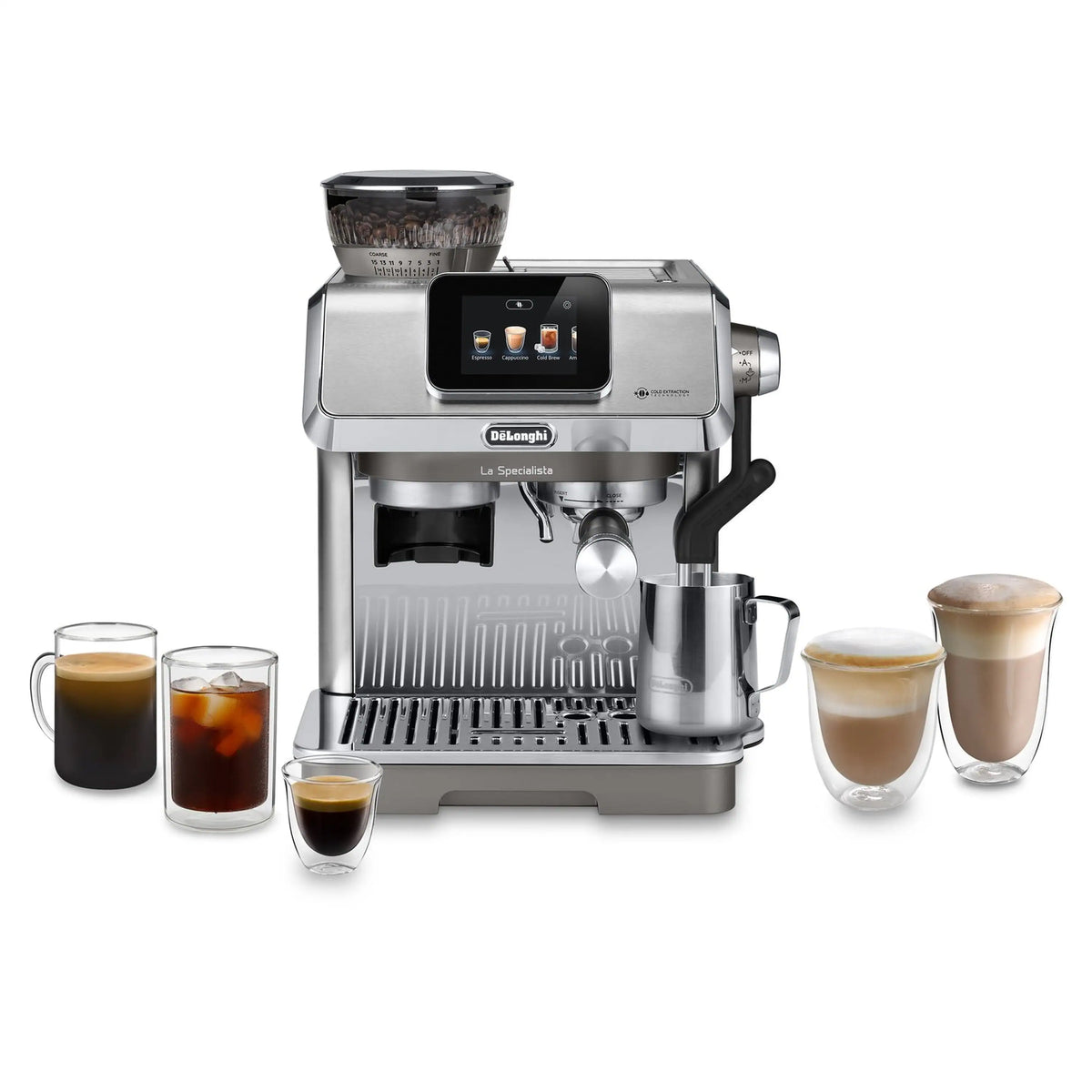 Espresso machine with cups and cold brew glasses on white background