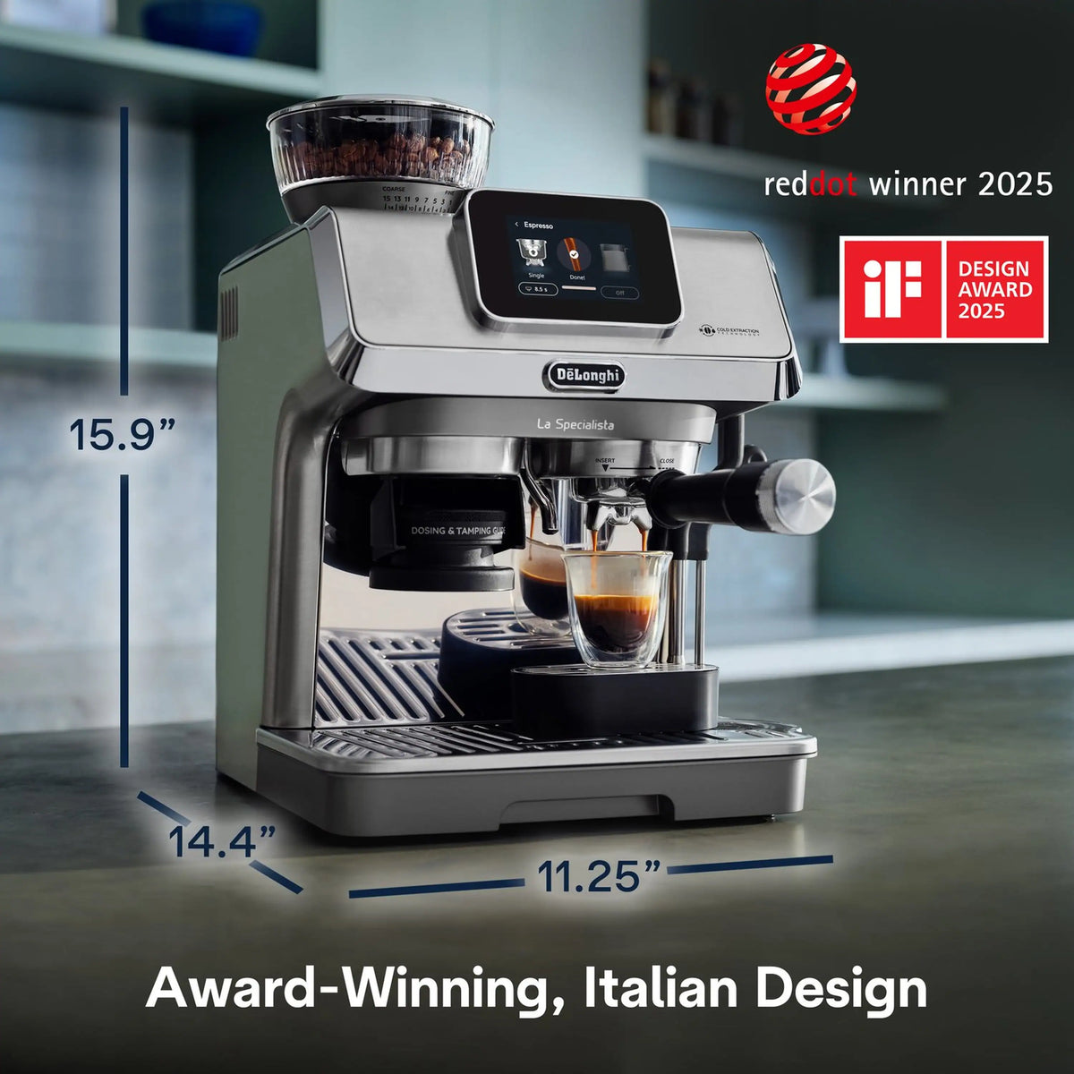 Stainless espresso machine dispensing espresso into a small cup under the grinder hopper