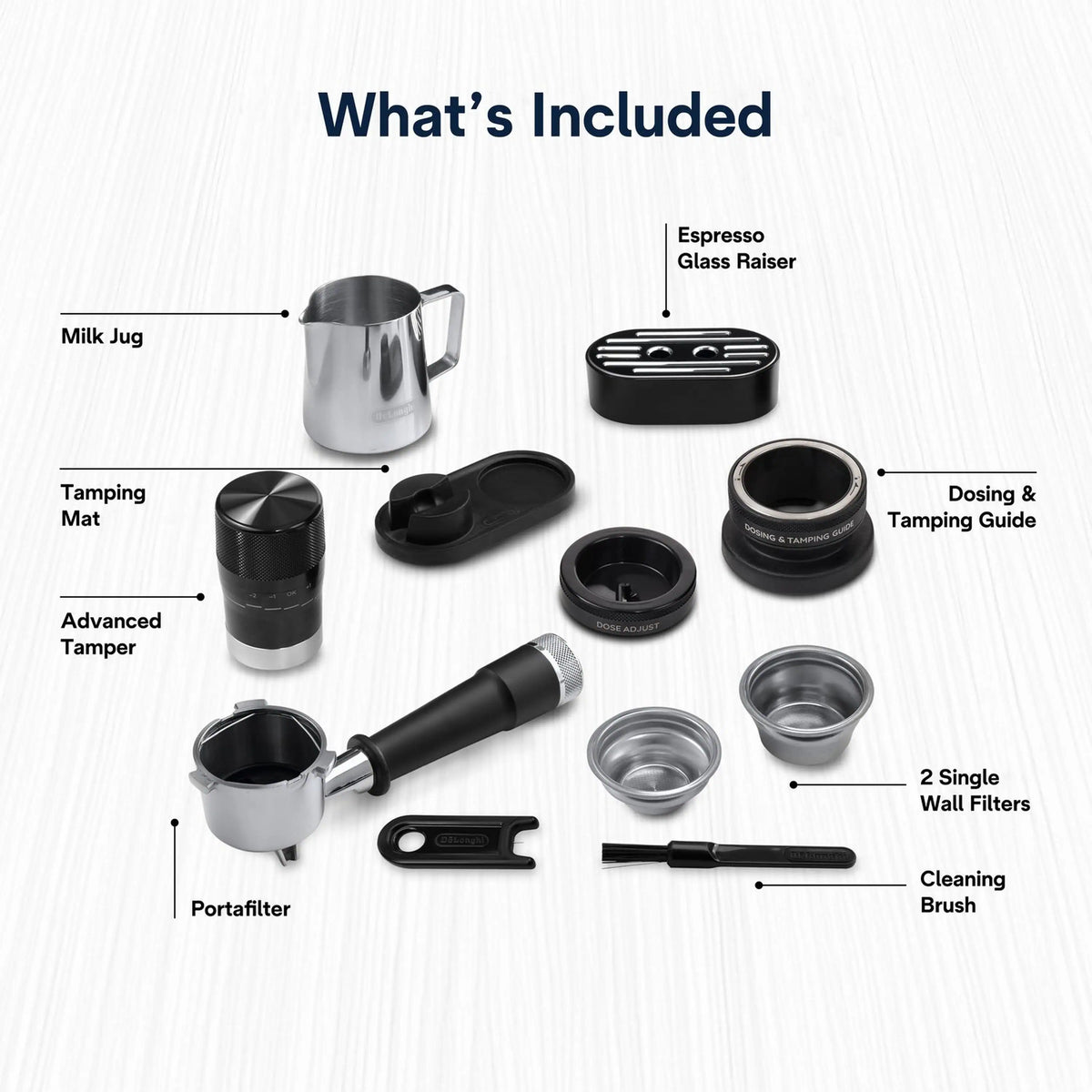 Espresso machine accessories set: milk jug, portafilter, tamping mat, dosing tools, filters