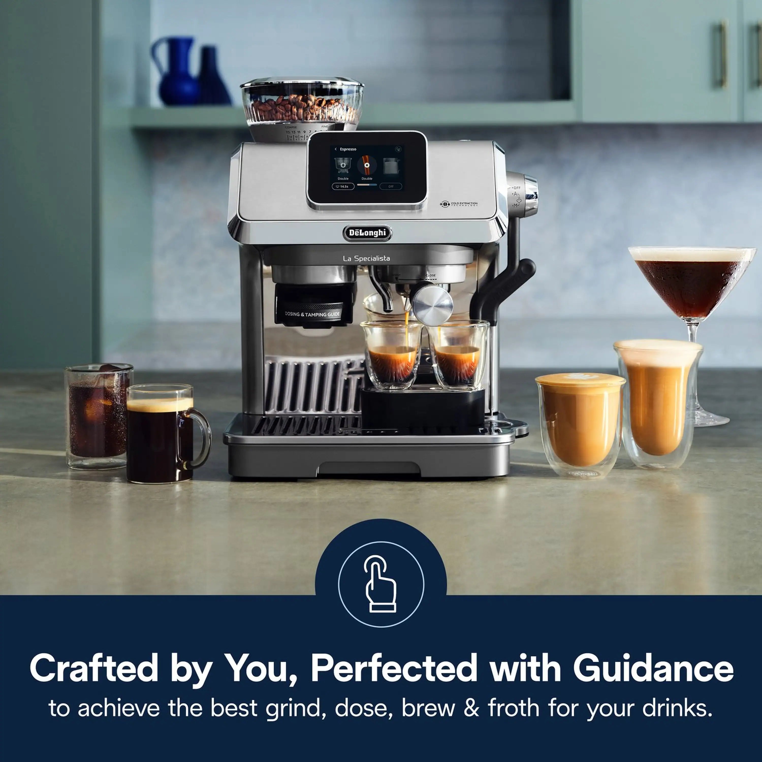 Stainless espresso machine with cold brew cup and other coffee drinks on the counter