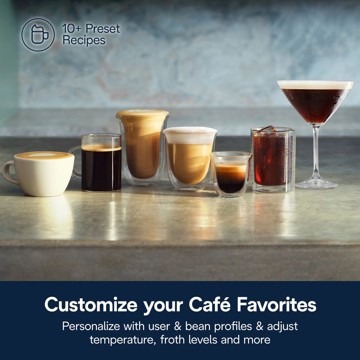Assorted iced and hot coffee drinks in cups and glasses with a frothy top