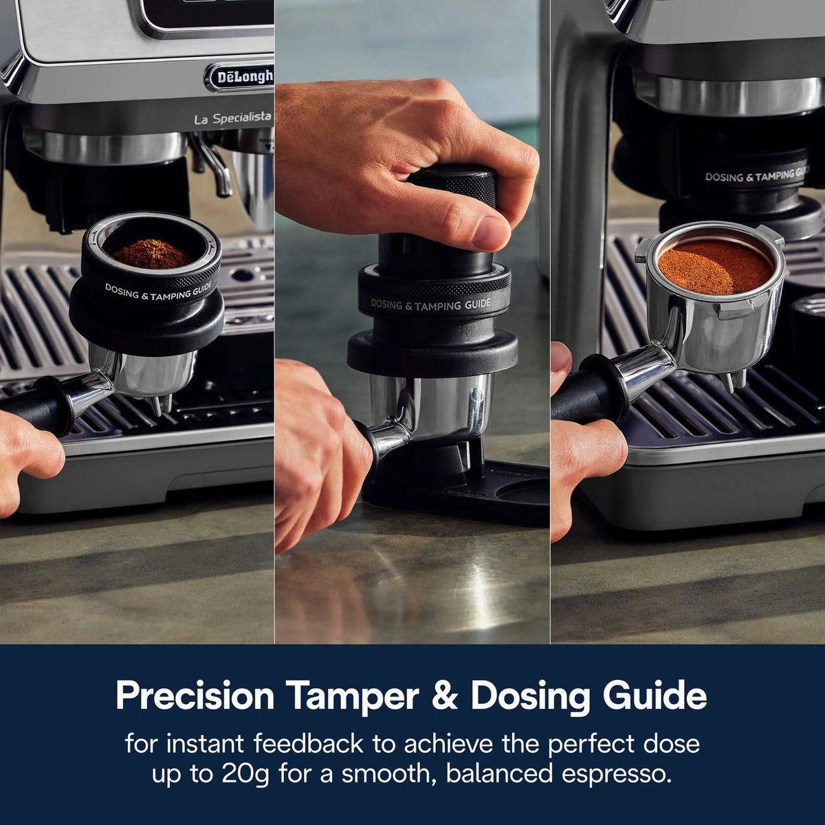 Espresso machine portafilter and dosing guide with hand tamping coffee grounds