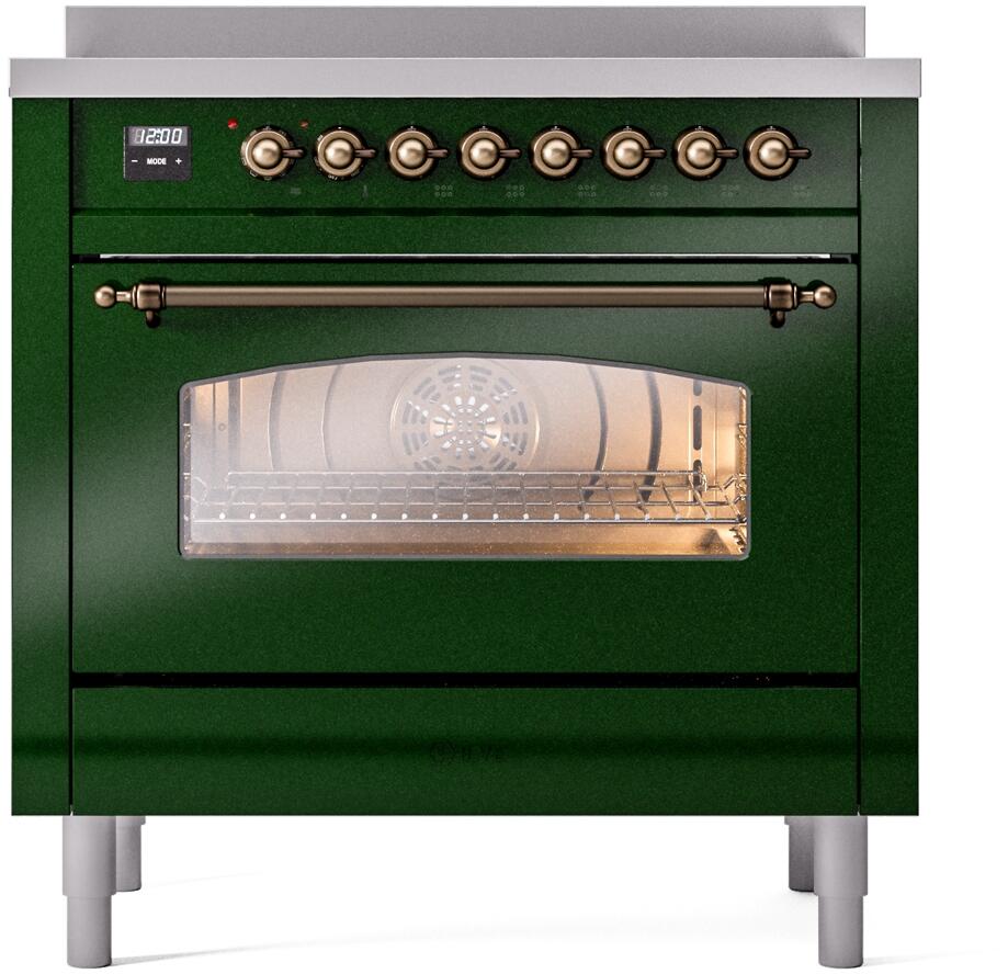 Emerald freestanding electric induction range oven with glass door and bronze handle rails